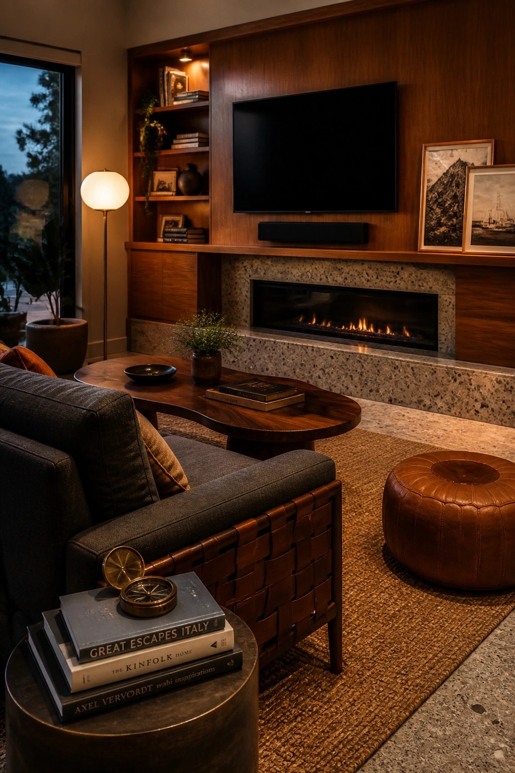 A living room featuring dark wood built-in cabinetry and shelving surrounding a stone fireplace and wall-mounted television, with a gray sofa, wooden coffee table, and leather ottoman in view.