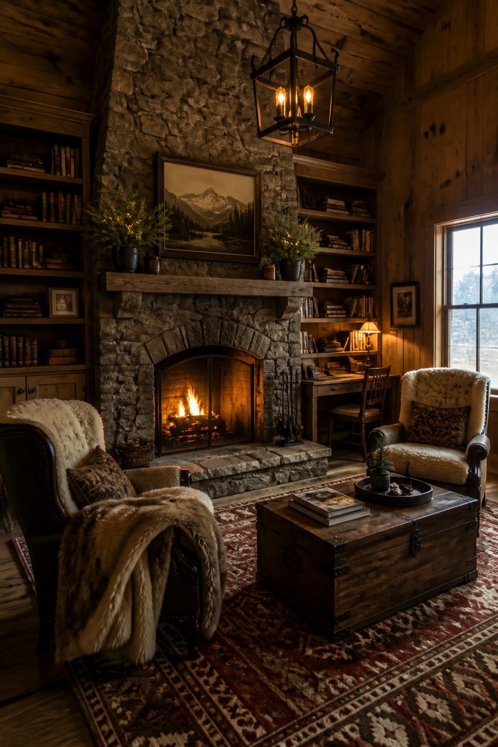 A masculine living room featuring wood paneled walls and ceiling, a large stone fireplace with a wooden mantel, built-in bookshelves filled with books, two upholstered armchairs with fur throws, a wooden trunk coffee table, and a patterned area rug.