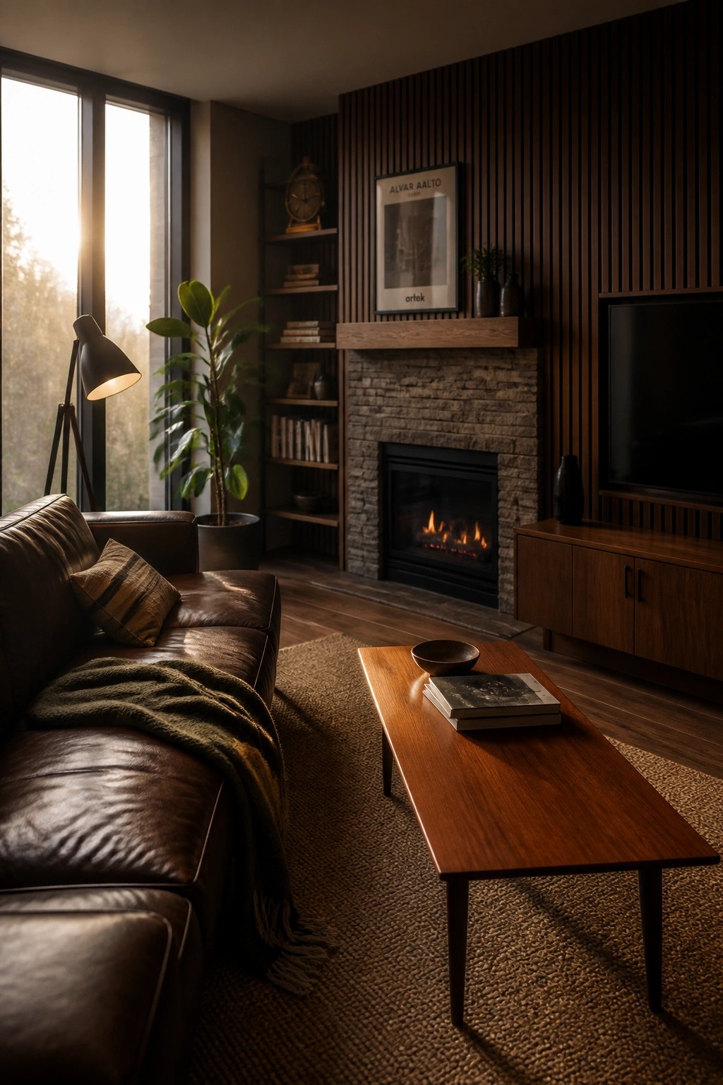 A living room with a brown leather sofa, wooden coffee table, stone fireplace, and vertical dark wood paneling on the wall behind it.