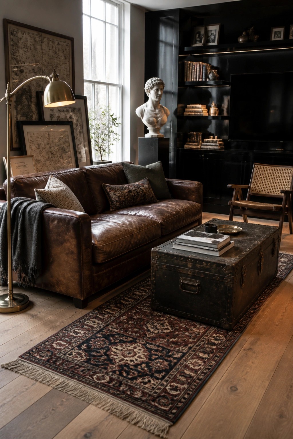 Brown leather sofa, vintage trunk table, and patterned rug in dark living room