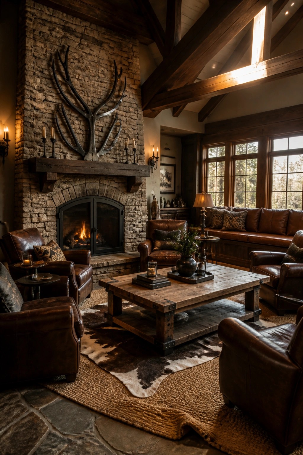 A masculine living room centered on a tall stone fireplace with antlers above the mantel, dark leather chairs and sofa, and heavy wooden ceiling beams.