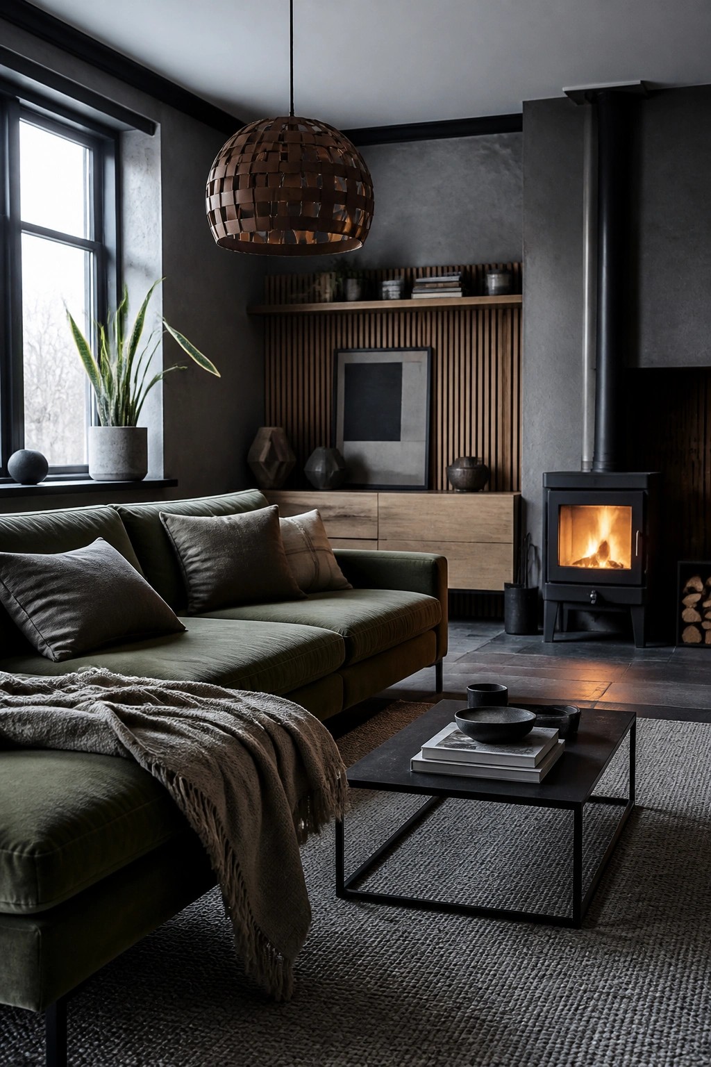 A living room featuring a green sofa, black coffee table, woven pendant light, and a lit black wood-burning stove against dark gray walls.