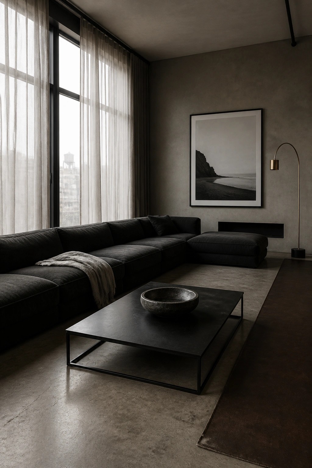 A modern living room with a large black sectional sofa, a low black coffee table holding a stone bowl, a framed black and white beach photo on a gray wall, and sheer curtains over tall windows.