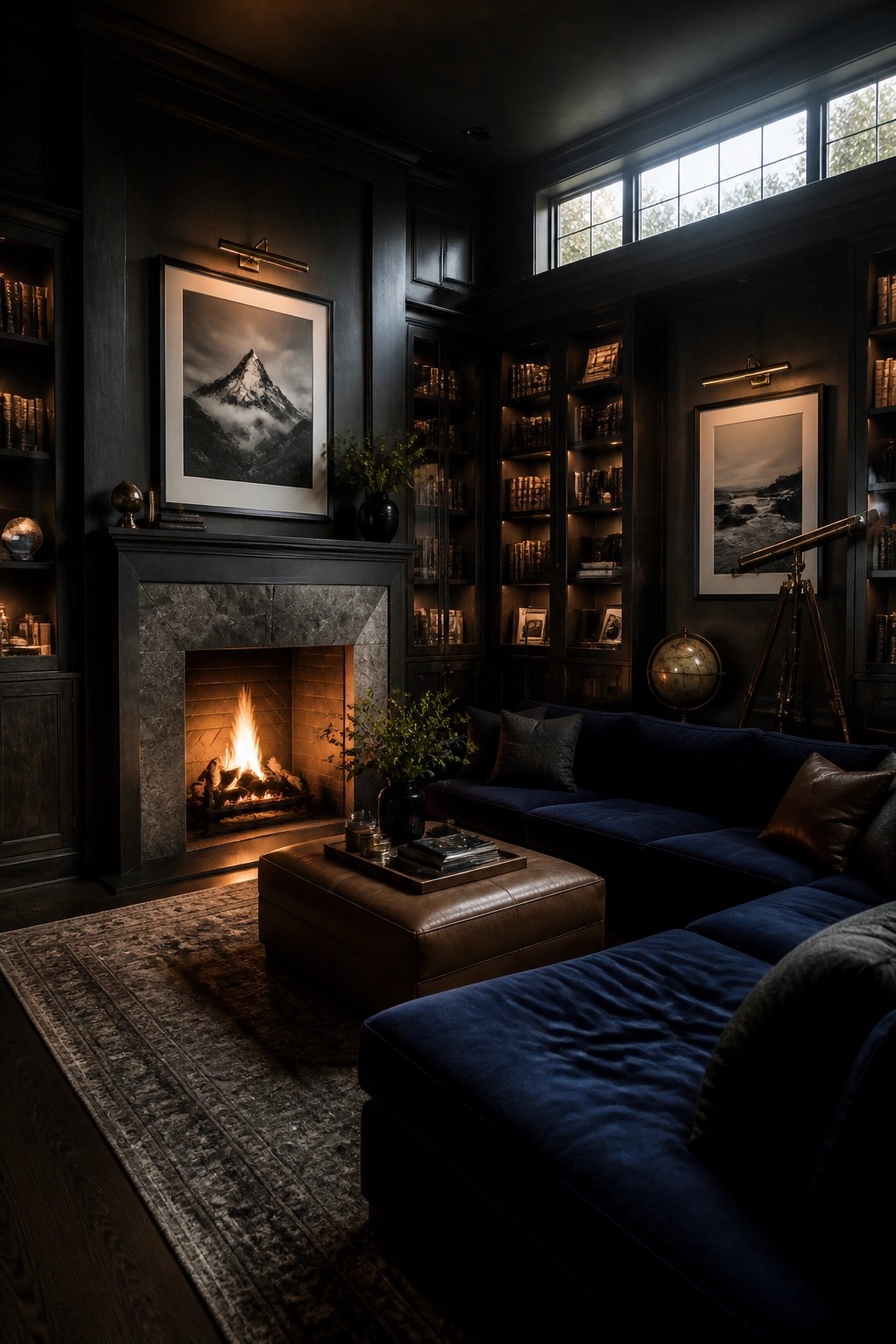 Dark living room interior with built-in bookshelves flanking a stone fireplace, a blue velvet sectional sofa, and a brown leather ottoman on a patterned rug.