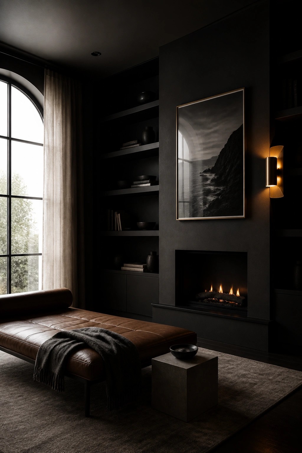 A dark living room with built-in shelves flanking a fireplace, a brown leather chaise, and a large black and white photograph above the mantel.