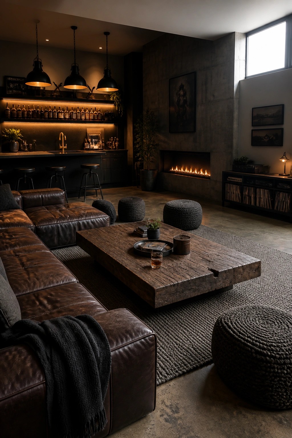 A dimly lit masculine living room featuring a large brown leather sectional sofa, a rustic wooden coffee table on a woven rug, concrete walls with a built-in fireplace, and a bar area with black pendant lights.