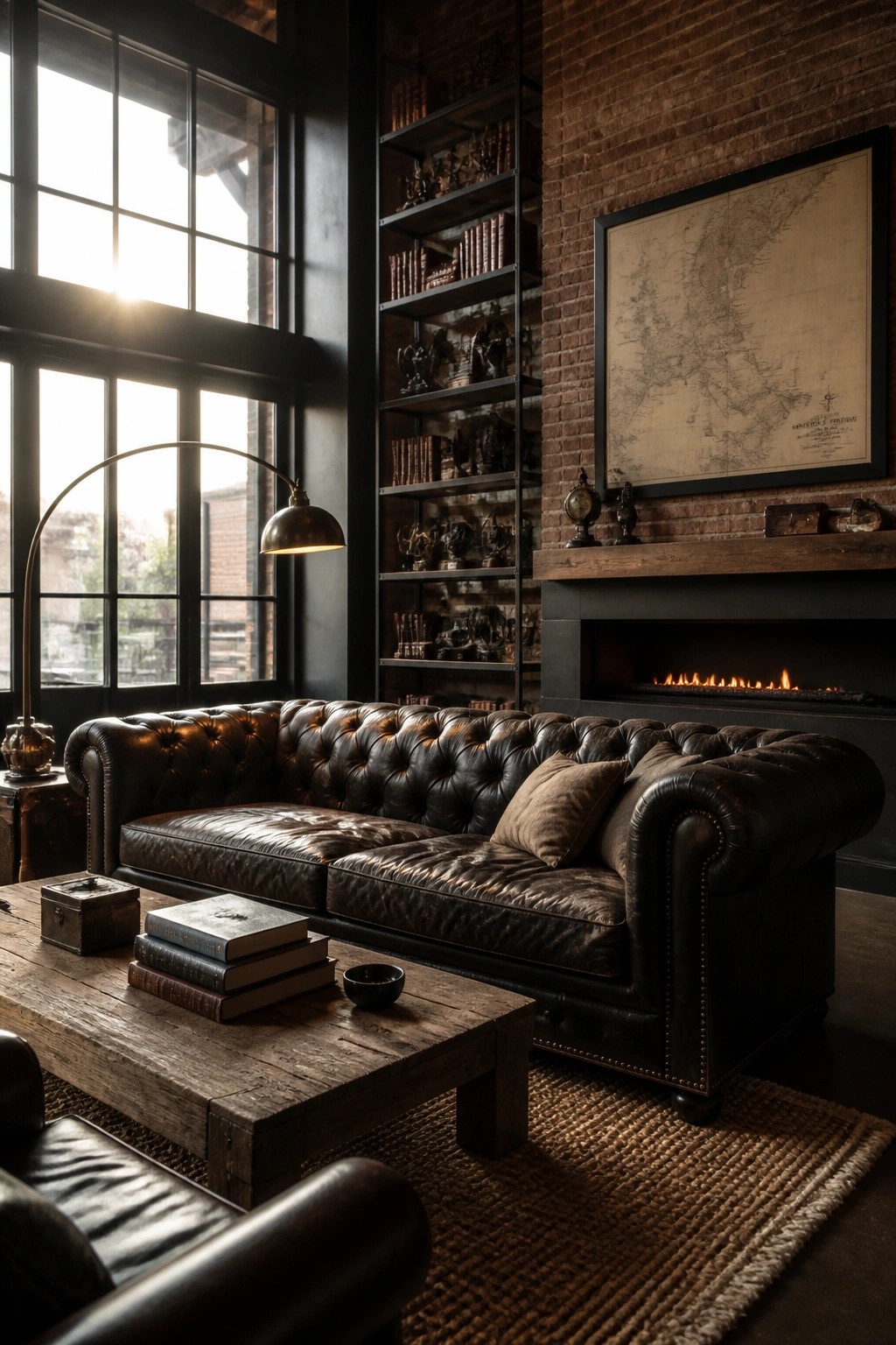 A living room with a large dark brown tufted leather Chesterfield sofa positioned in front of an exposed brick wall with a fireplace and tall metal bookshelves.