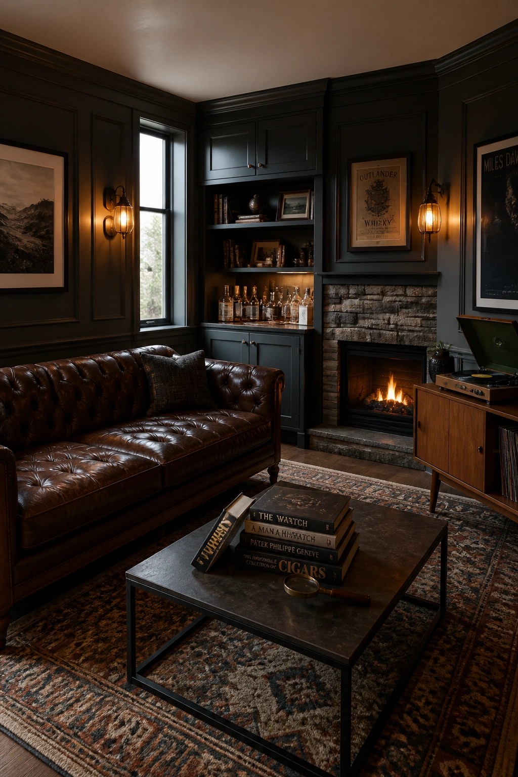 A living room with dark painted walls, a brown leather sofa, built-in shelves, a stone fireplace, and a dark coffee table on a patterned rug.