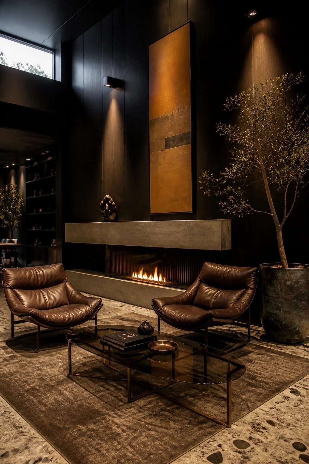 Two brown leather armchairs sit on a large rug in front of a long floating concrete fireplace built into dark paneled walls.