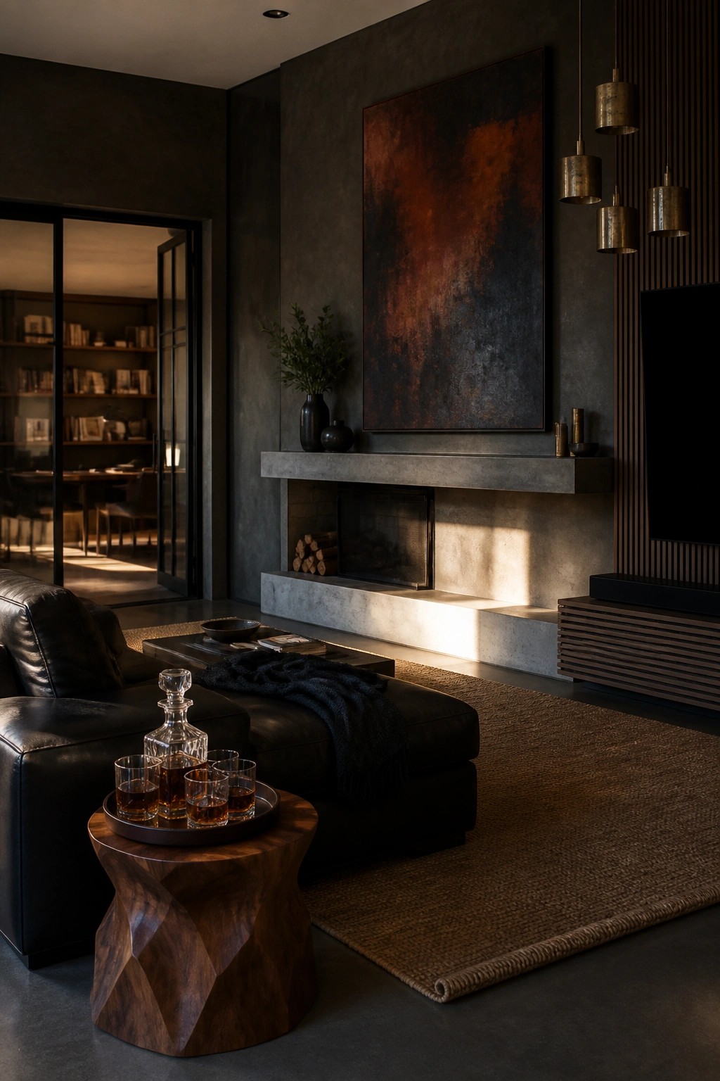 A living room with dark textured walls, a concrete fireplace mantel, black leather sofa, wooden side table with glasses, and a large abstract painting above the fire.