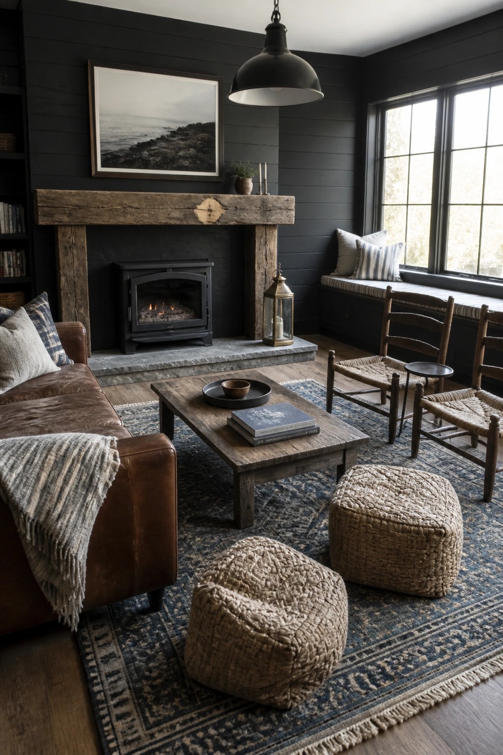 Cozy dark living room with leather sofa, wooden coffee table, woven poufs, and fireplace.