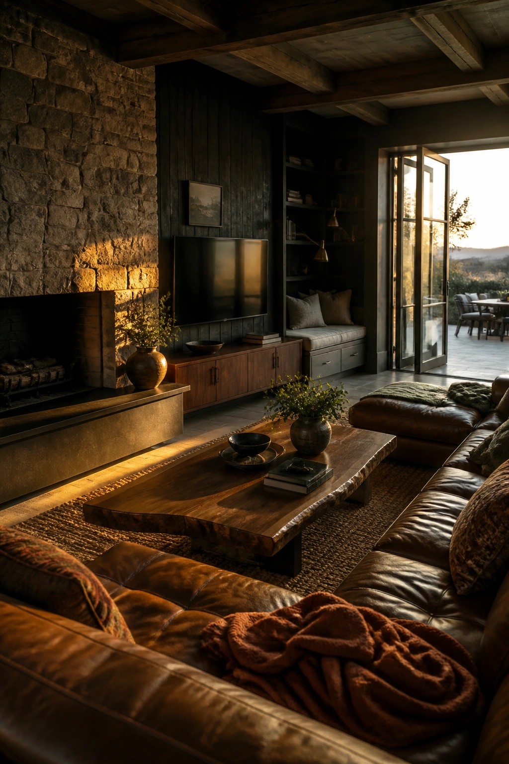 A living room with a stone fireplace on the left, dark wood built-in cabinetry and shelving around a wall-mounted television, and a brown leather sectional sofa with a wooden coffee table in front.