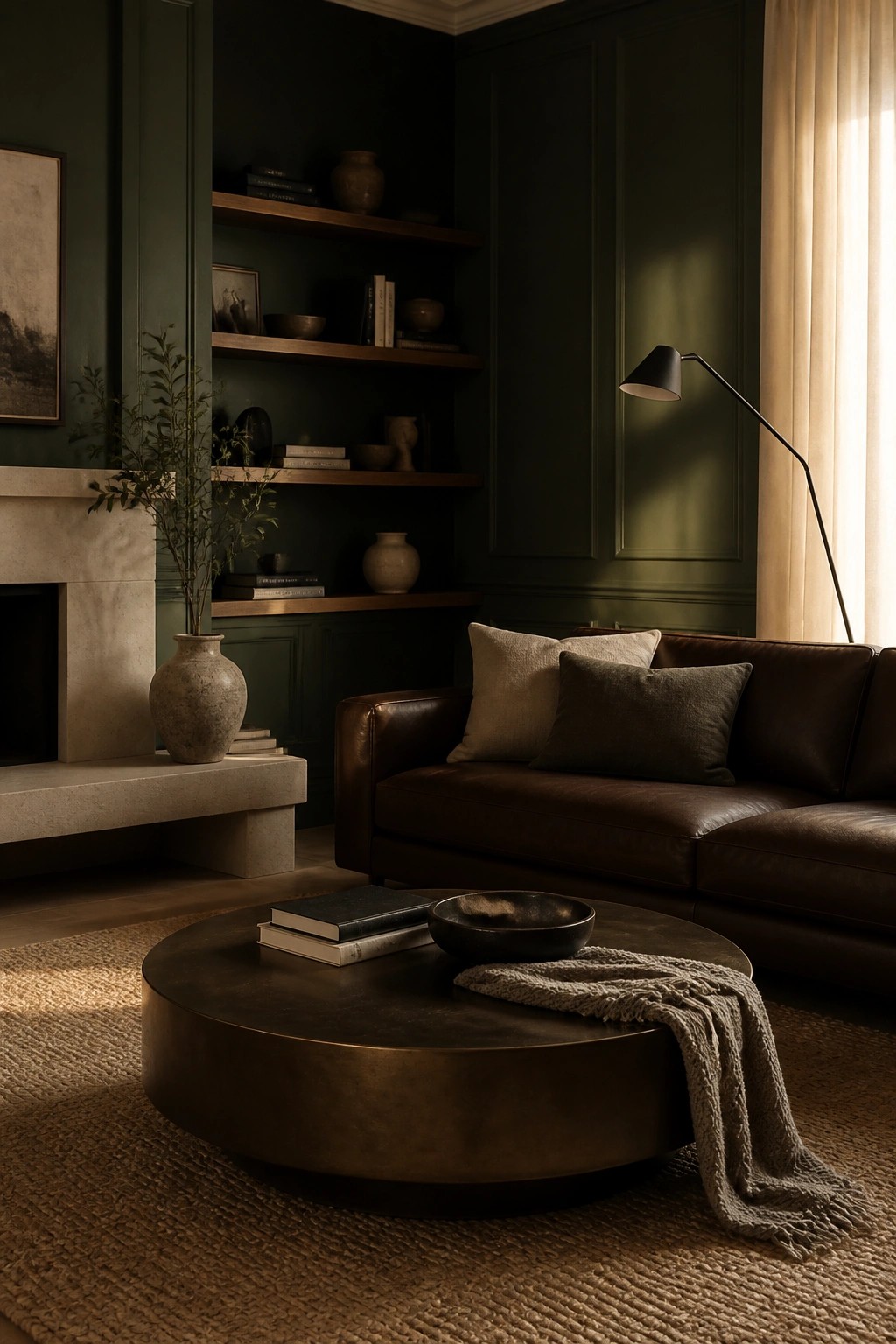 A living room with dark green paneled walls, built-in wooden shelves, a brown leather sofa, and a round bronze coffee table on a woven rug.