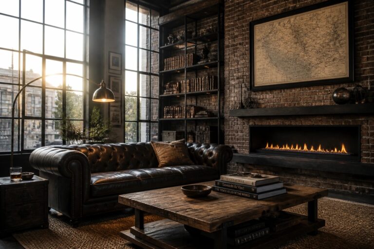 19 Bold Masculine Living Room Ideas That Make a Strong Statement A living room with a large dark brown tufted leather Chesterfield sofa positioned in front of an exposed brick wall with a fireplace and tall metal bookshelves.
