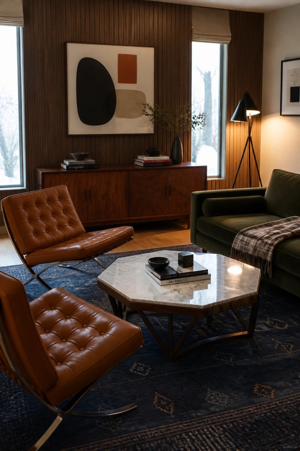 Living room interior showing two brown leather lounge chairs, a green sofa, an octagonal marble coffee table, and dark wood wall paneling with abstract art.