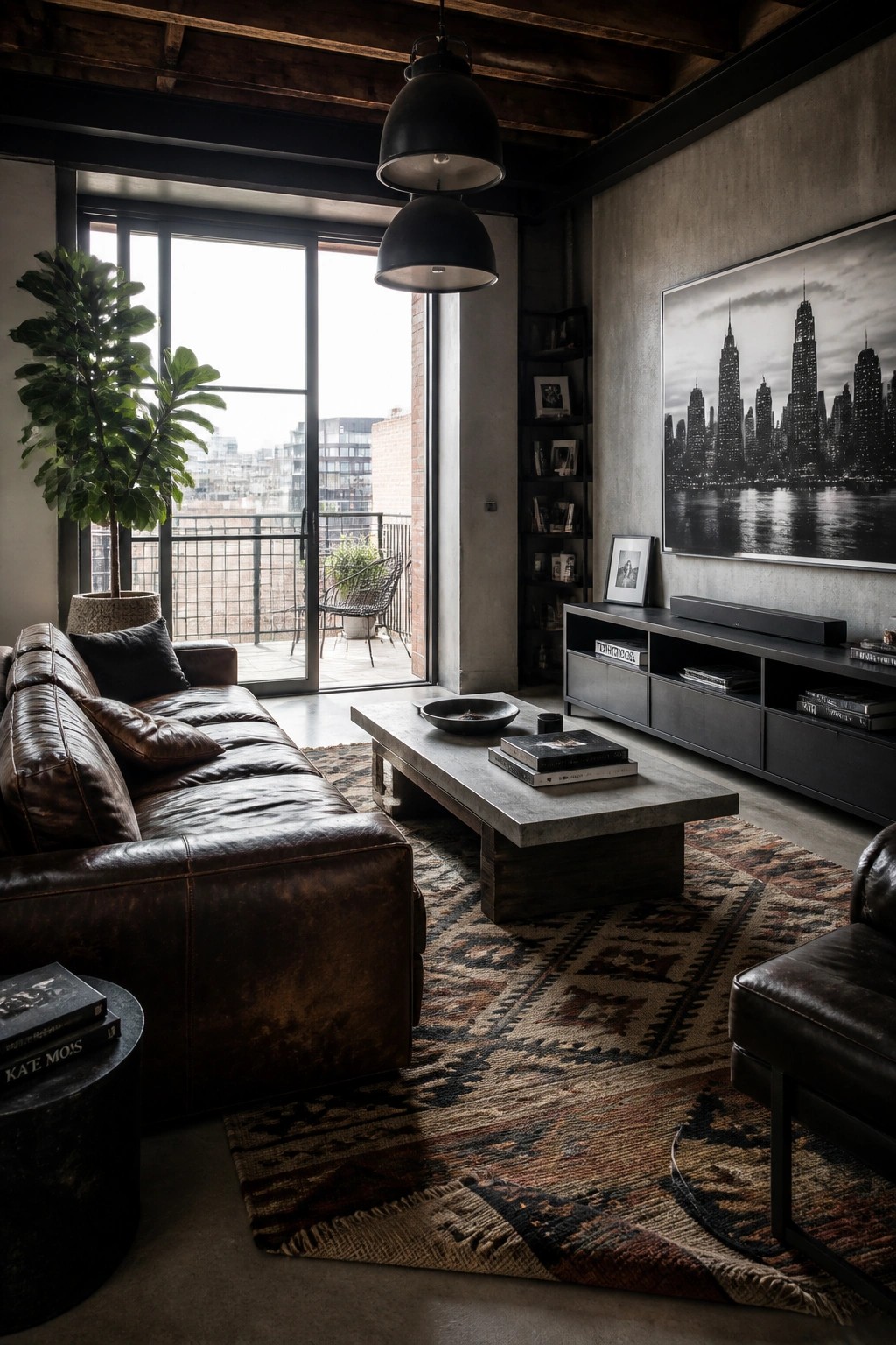 A living room with a large brown leather sofa, concrete coffee table on a patterned rug, black pendant lights, and a wall-mounted cityscape print above a dark media console.