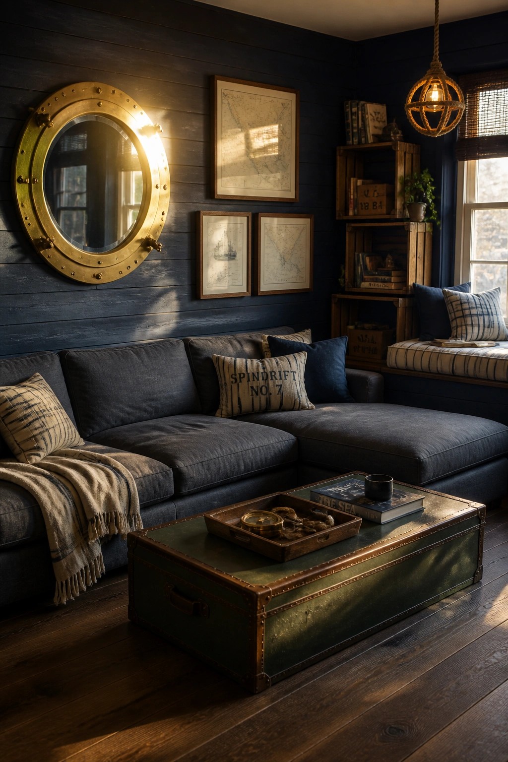 A navy blue living room with a large sectional sofa, a green and brown trunk used as a coffee table, a round porthole mirror on the wall, and wooden crate shelving.