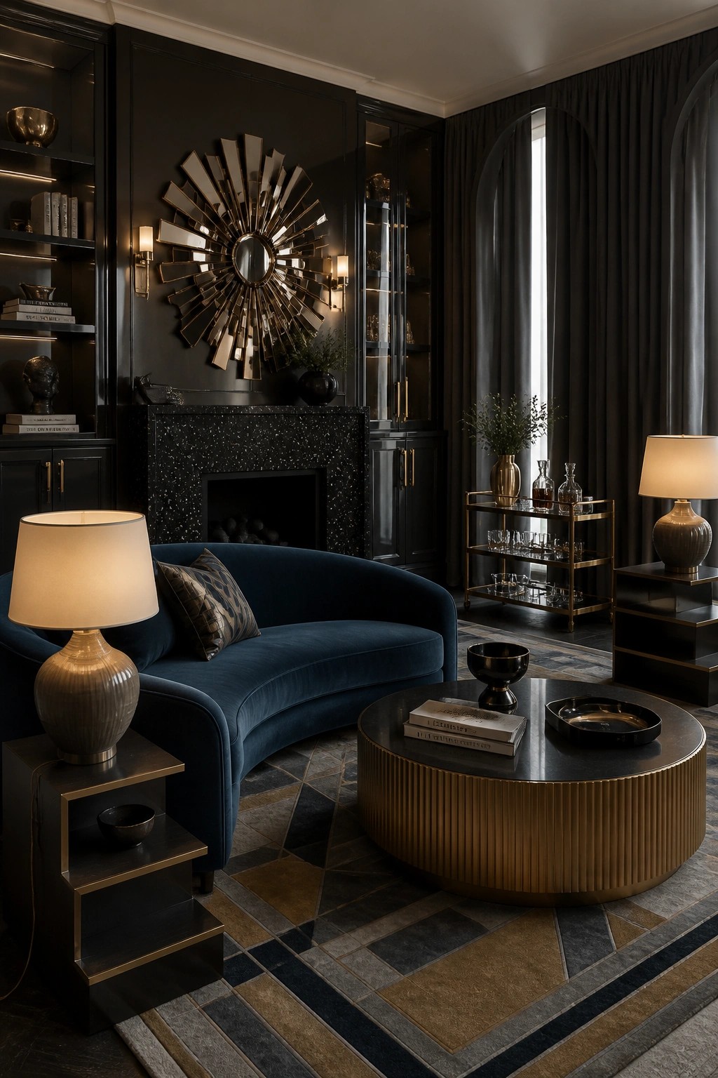 A dark masculine living room with black walls and built-in cabinetry, a curved blue velvet sofa, a round brass coffee table, and a sunburst mirror above a black fireplace.