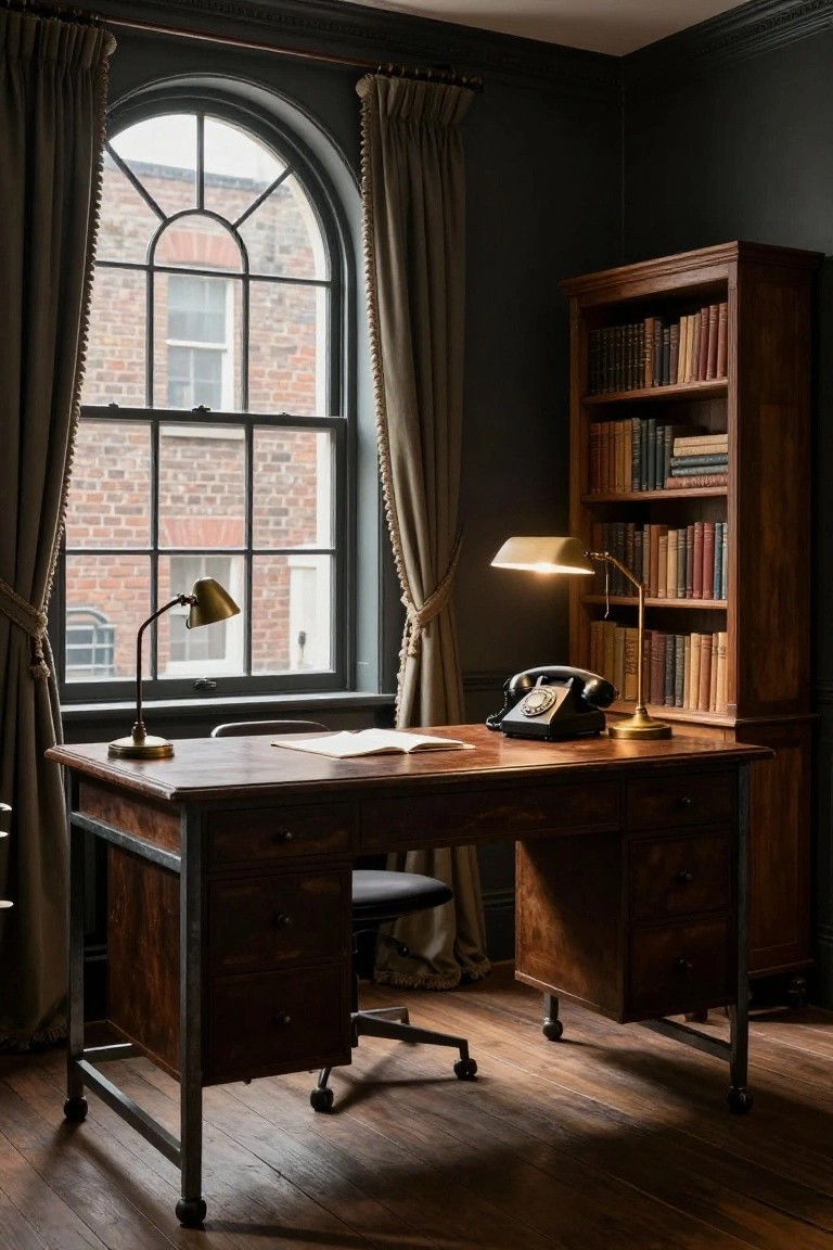 A masculine home office with a large wooden desk, black rotary phone, two brass desk lamps, an open book, and a tall wooden bookshelf against dark walls beside an arched window.