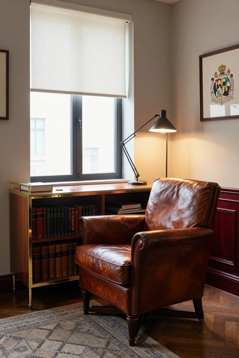 Brown leather armchair beside wooden book-filled desk with lit floor lamp and window