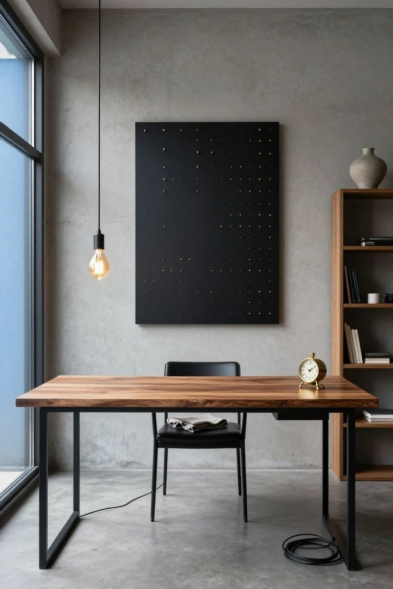 A minimalist office with a wooden desk on black metal legs, a black chair, and a large black pegboard with small lights mounted on a gray concrete wall.