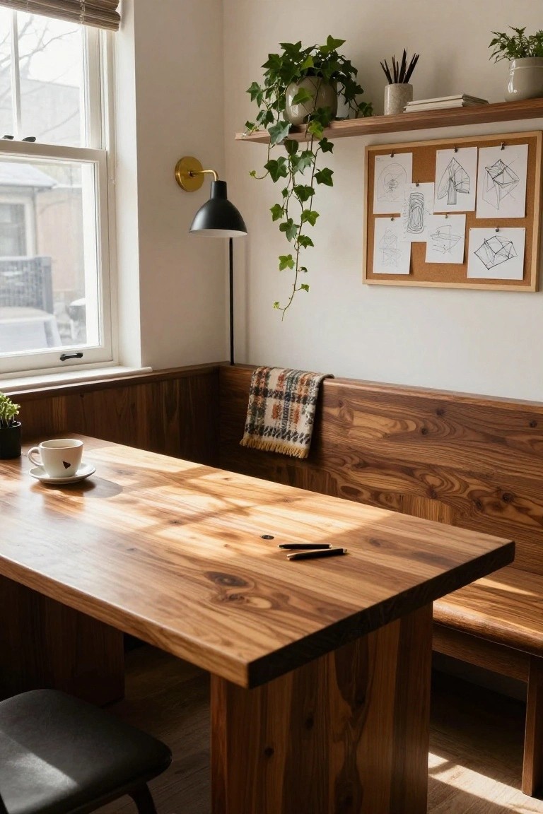 A home office interior with a long wooden table against a wall-mounted bench, a window on the left, and a corkboard with drawings above the bench.