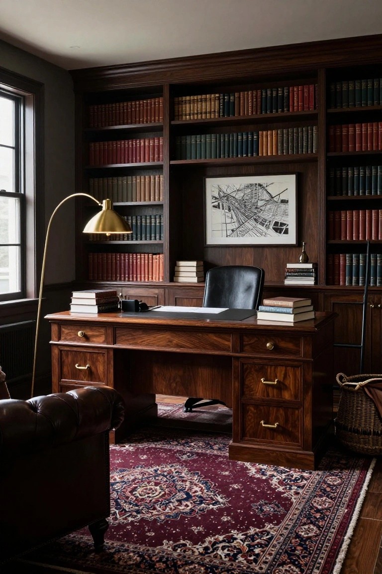 A dark wood desk with a black leather chair sits in front of built-in bookshelves filled with books, with a red patterned rug on the floor.