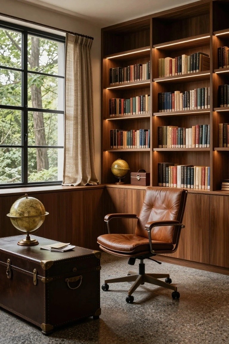 A home office with dark wood built-in bookshelves lit by integrated LED strips, a brown leather office chair on wheels, and a large vintage trunk near the window.
