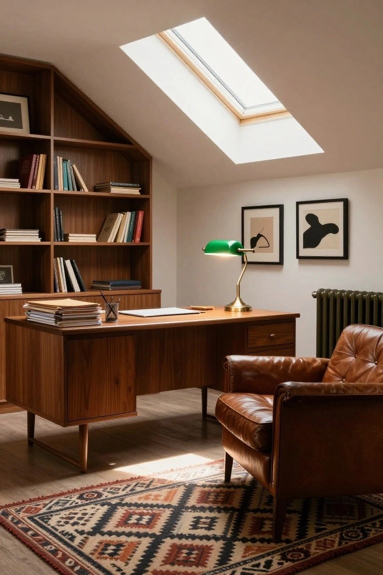 A home office featuring a wooden built-in desk and bookshelves, a brown leather armchair, a green desk lamp, framed art on the wall, and a skylight overhead.