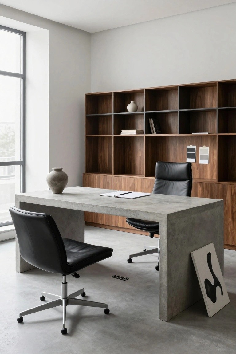 A minimalist home office with a large concrete desk, two black leather office chairs, and a wooden built-in shelving unit on the back wall.
