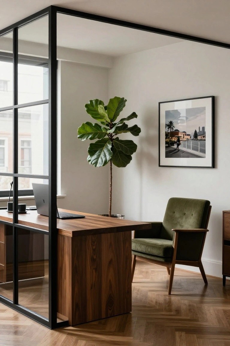 Modern wooden desk with laptop, fiddle-leaf fig plant, green velvet chair, and framed artwork.
