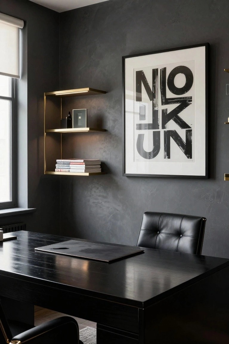 A home office with dark gray walls, a black desk, black leather chair, gold floating shelves, and large black and white framed art.