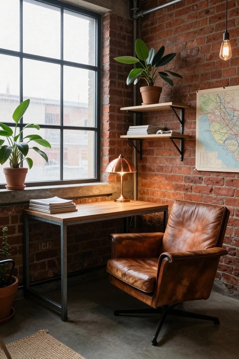 A home office featuring a wooden desk against a brick wall, a brown leather swivel armchair, a copper desk lamp, and a large window.