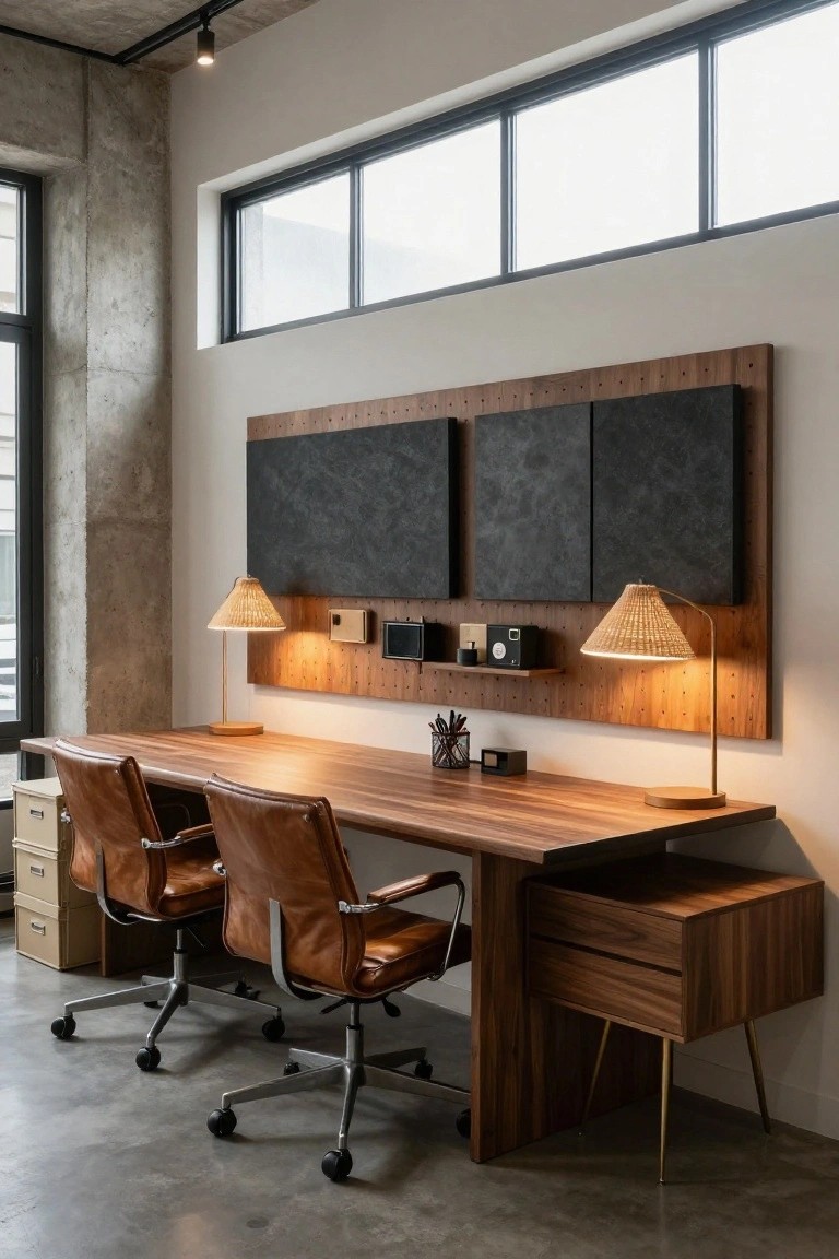 A spacious home office featuring a long wooden desk with two brown leather swivel chairs, a wood accent wall panel with dark rectangular inserts above it, and two woven lamps on the desk.