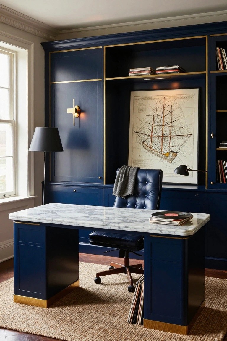 A home office with a white marble desk, navy blue built-in cabinetry trimmed in gold, a blue leather office chair, and a large framed ship blueprint on the back wall.