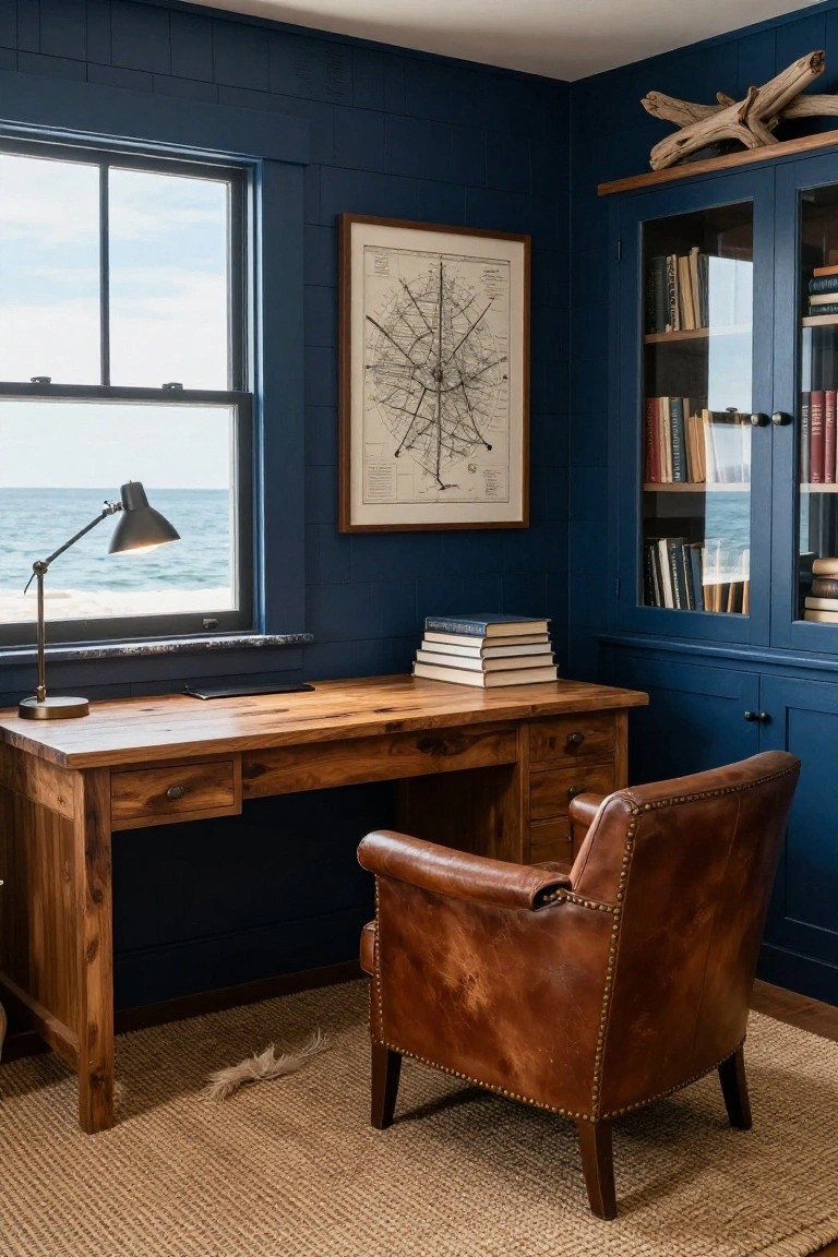 A home office featuring deep blue walls, a wooden desk with a leather chair, bookshelves, and a window view of the ocean.