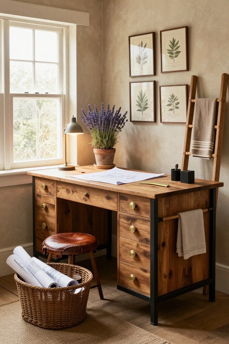 A wooden desk with black metal frame and brass pulls sits in a home office beside a window, with framed prints on the wall and a stool underneath.