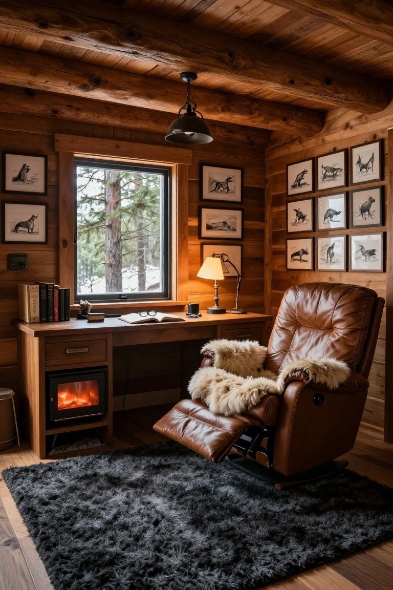 A home office interior featuring a brown leather recliner on a dark shag rug beside a wooden desk with a window and framed animal prints on the walls.