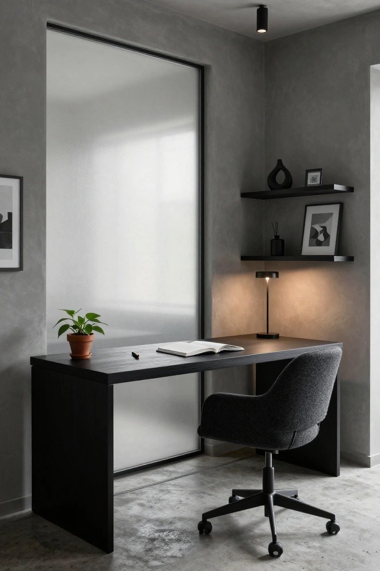 Dark wooden desk with open book, gray chair, lamp, and floating shelves on concrete wall.