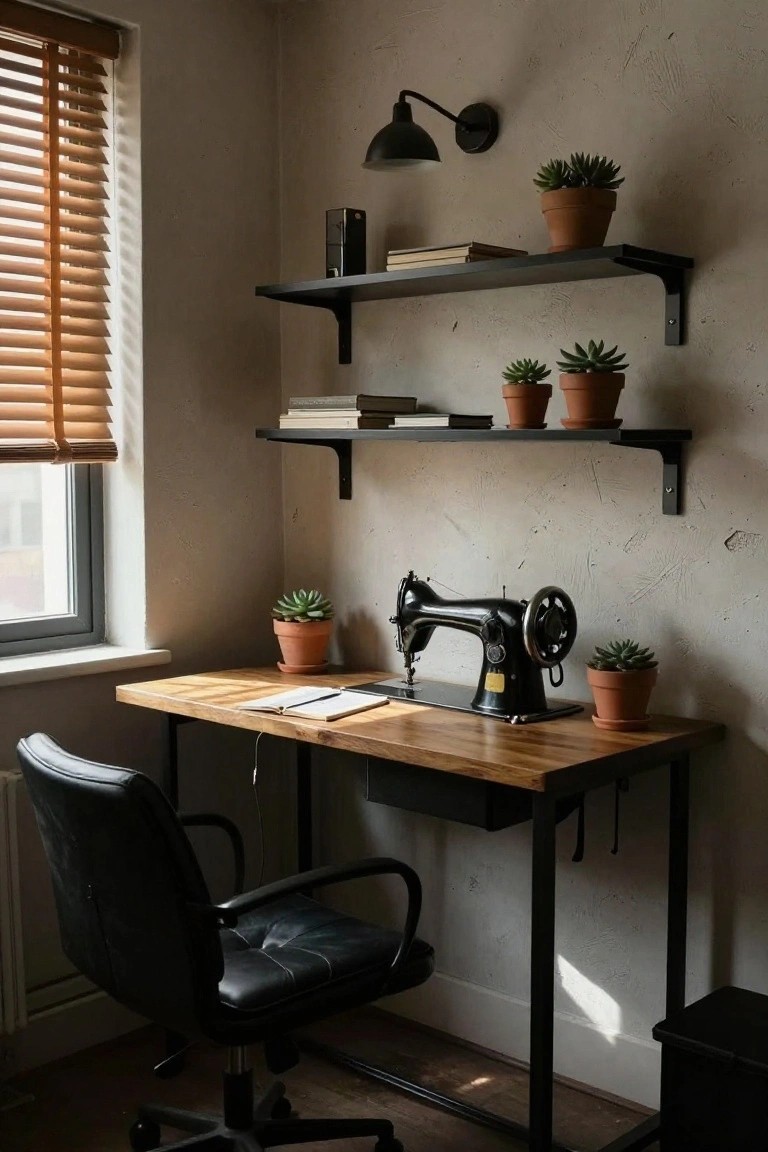 A corner home office with a wood-top desk on black metal legs, a black office chair, two black floating shelves holding books and potted plants, and a vintage sewing machine on the desk surface.
