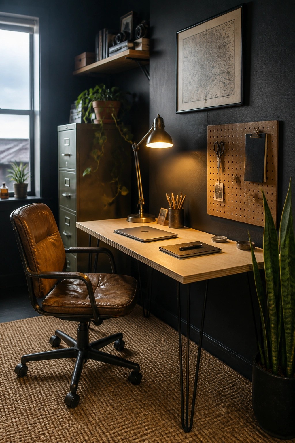 Dark modern office with leather chair, wooden desk, lamp, and pegboard.