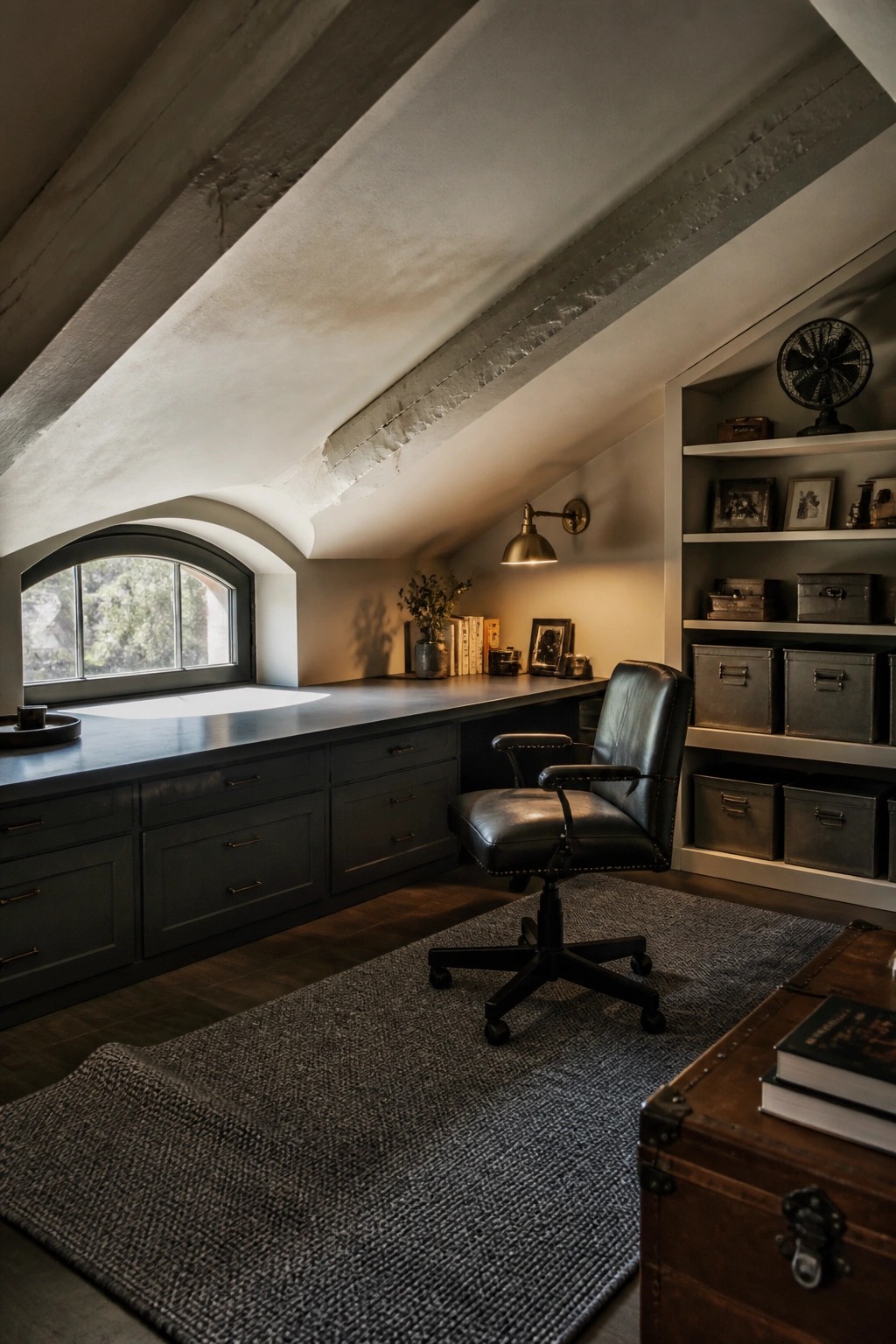 A home office features dark built-in cabinets forming a long desk beneath a sloped ceiling, with a black leather swivel chair on a gray woven rug and built-in shelves holding metal storage boxes.