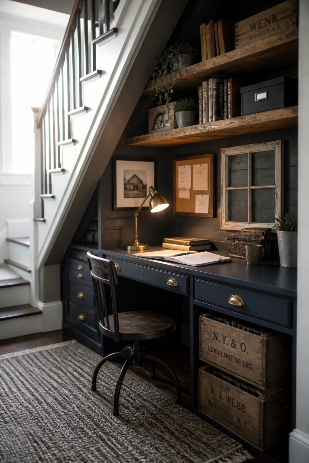 A dark blue built-in desk and shelving unit under a staircase, styled as a home office with books, a desk lamp, and wooden storage crates.