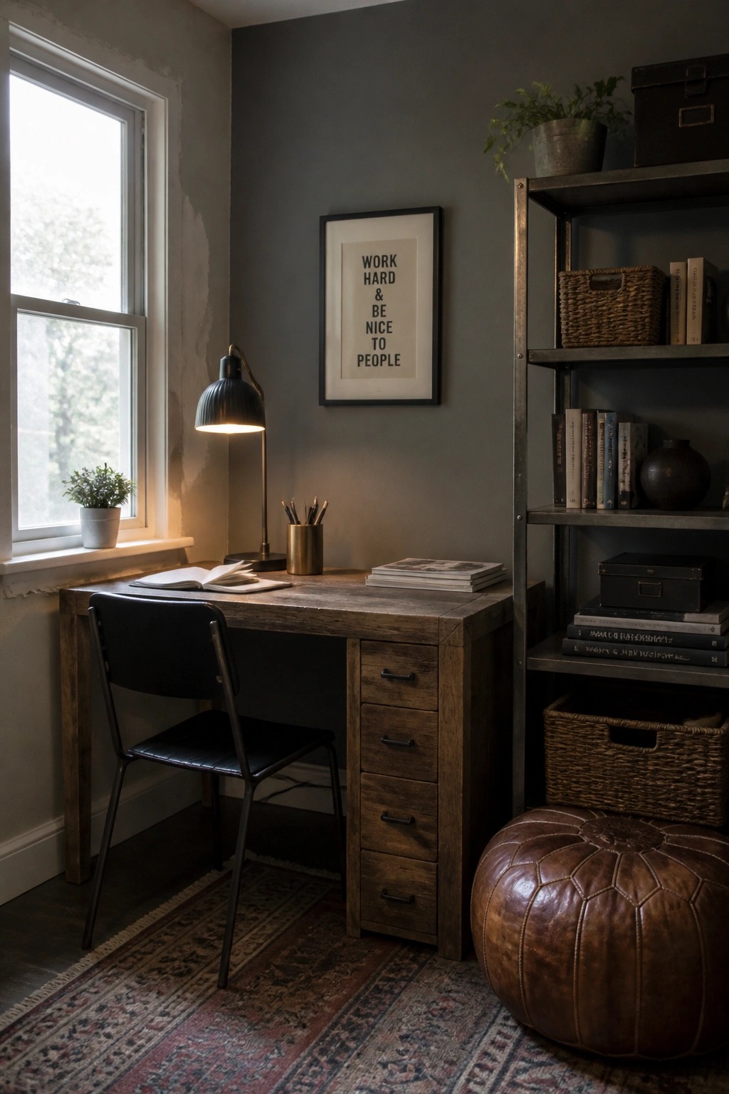 A home office corner with a wooden desk, black chair, lit desk lamp, metal shelving unit stocked with books and baskets, brown leather pouf, and a framed print on a dark gray wall.