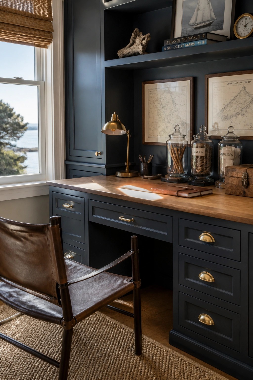 A home office with dark navy built-in cabinetry and desk topped in wood, a brown leather chair in front, and open shelves holding maps and glass jars.
