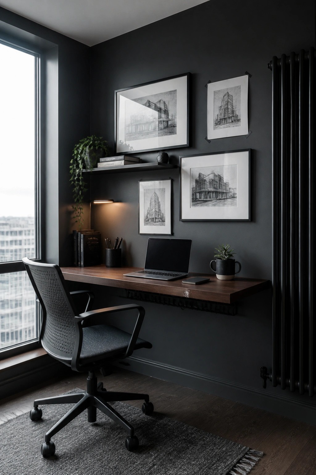 A home office with dark gray walls, a floating wooden desk holding a laptop, a black office chair, and framed architectural prints arranged above the desk.