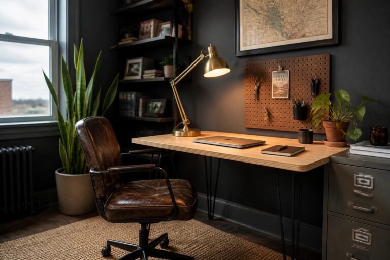 19 Budget-Friendly Masculine Home Office Ideas That Still Look Premium Dark modern office with leather chair, wooden desk, lamp, and pegboard.