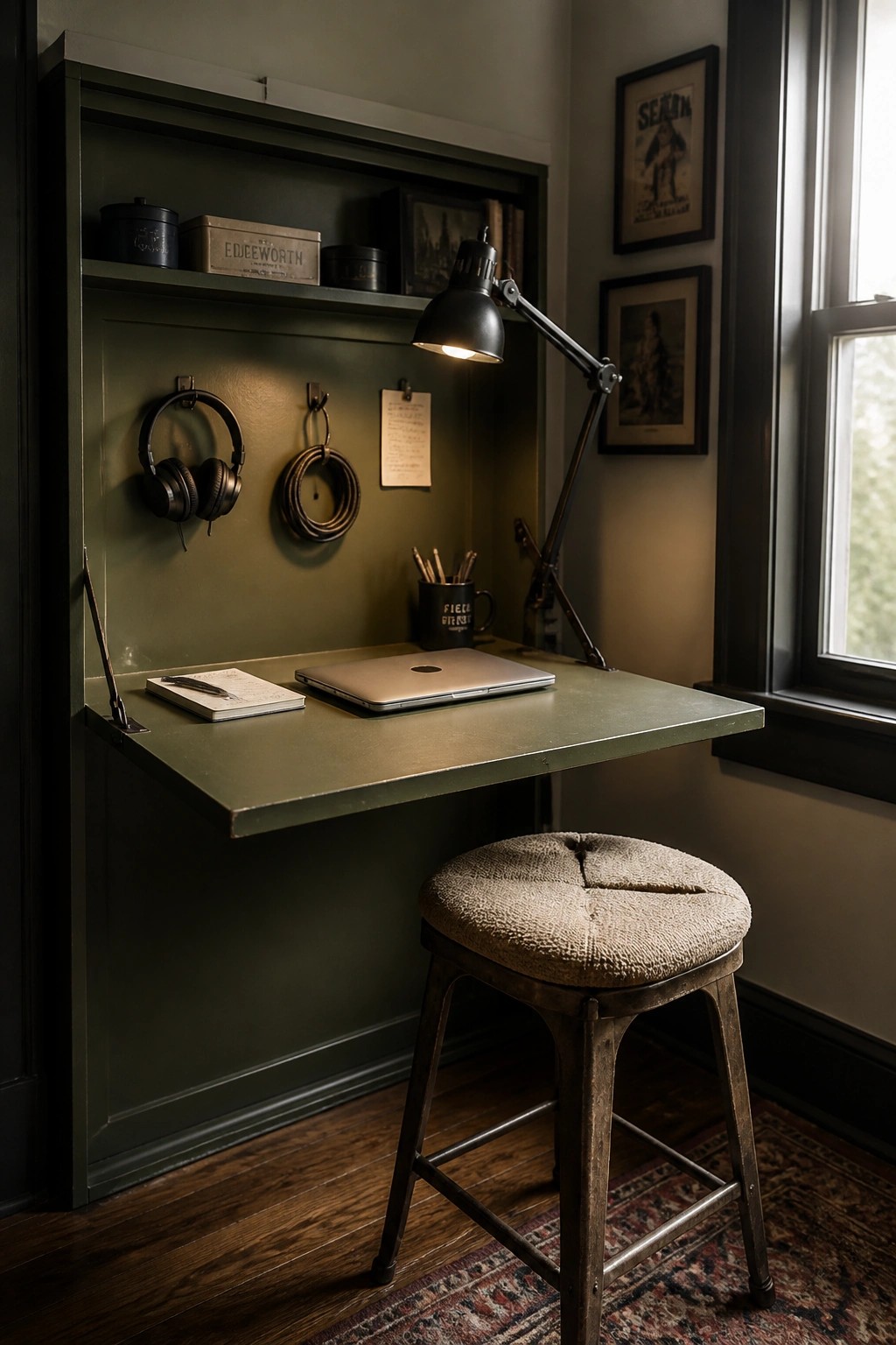 A dark green built-in fold-down desk holding a laptop and notebook, with a stool in front and shelves above containing headphones and small storage items.
