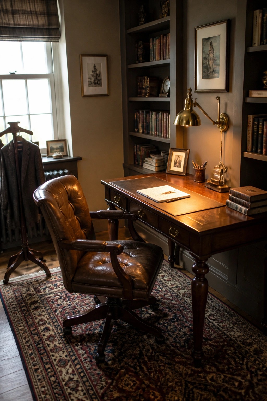 A brown leather tufted office chair sits at a wooden desk in a home office with built-in bookshelves, a brass lamp, and a window on the left.
