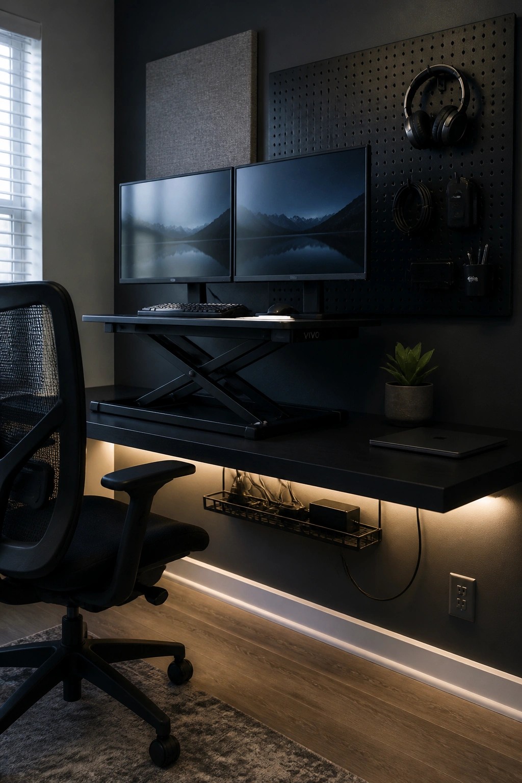 Black ergonomic chair at standing desk with dual monitors and pegboard accessories